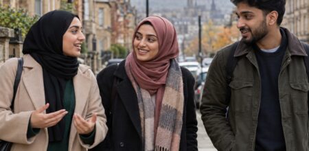 AI-generated illustration of three British Muslim friends talking on a northern England street